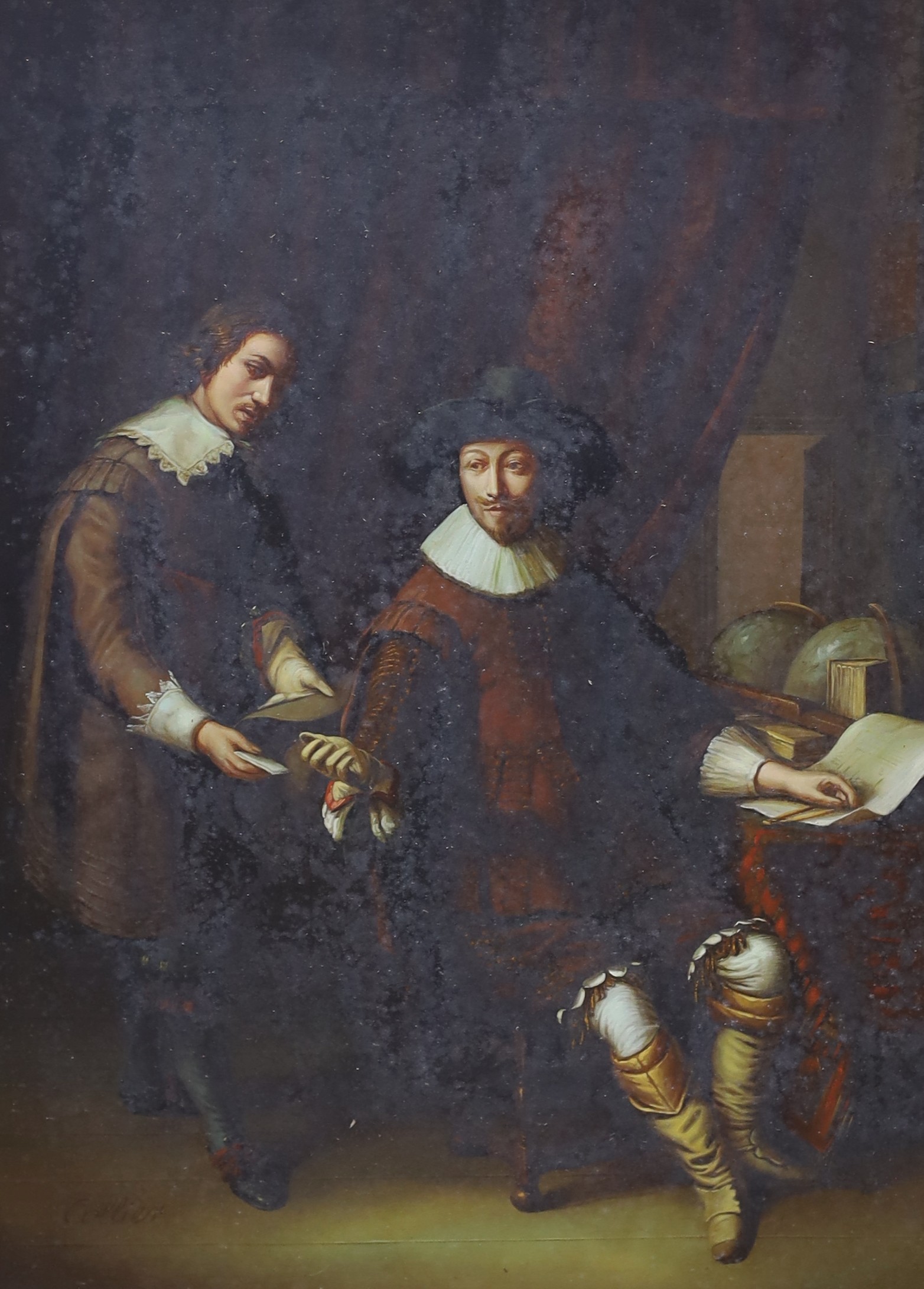 Collier, oil on wooden panel, modern oil on the 17th century style, Interior with two figures, signed, 39 x 29cm